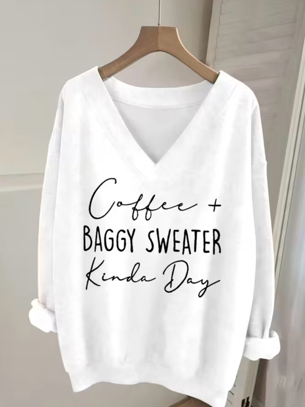 White V-Neck Baggy Sweater with Script Print